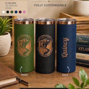May include: Three laser-engraved 590 ml tumblers in green, black, and navy blue, with copper-coloured lids. The tumblers feature the text "Pioneer Service School" and "Fully Accomplish Your Ministry". One is personalised with the name "Quincy".