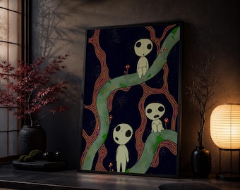 Poster di Principessa Mononoke, stampa artistica giapponese Kodama da parete, decorazione murale ispirata al film d'animazione dello Studio Ghibli, poster di Miyazaki per la stanza.