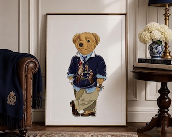 Quadro da parete con orsetto RL Polo, poster vintage, orsetto preppy, decorazione di lusso per la casa, decorazione murale stile old money.