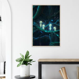 May include: A framed art print featuring a dark forest scene with glowing, humanoid figures perched on a tree branch. The artwork has a fantasy theme, with a palette of deep blues and greens, and a touch of light.