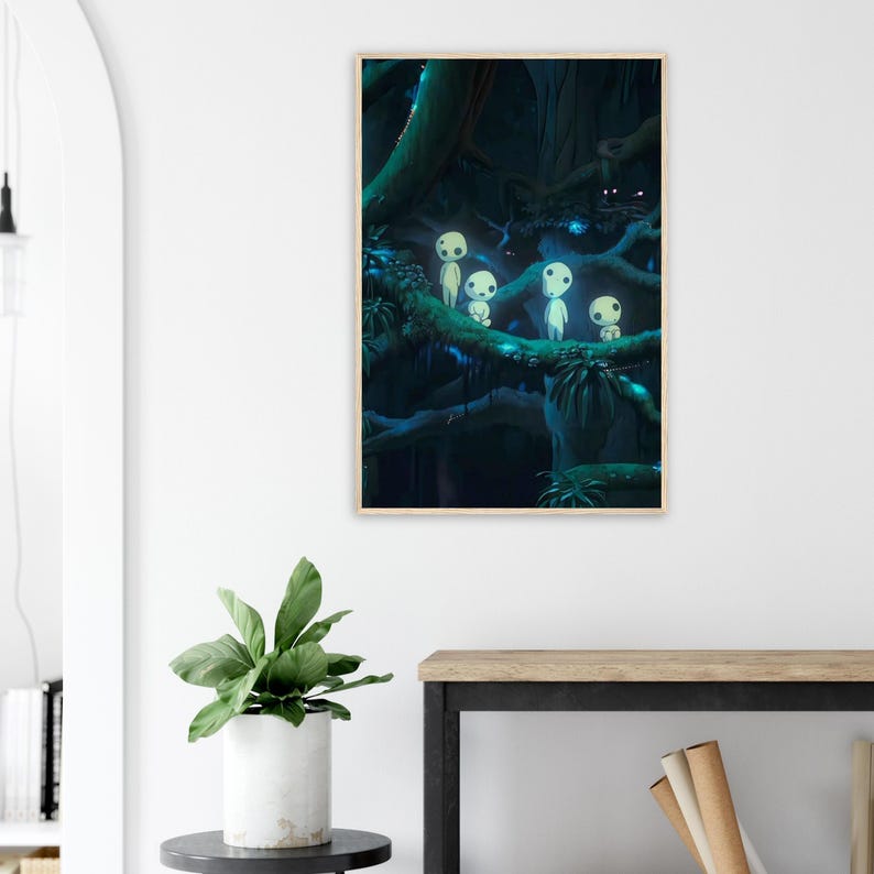 May include: A framed art print featuring a dark forest scene with glowing, humanoid figures perched on a tree branch. The artwork has a fantasy theme, with a palette of deep blues and greens, and a touch of light.