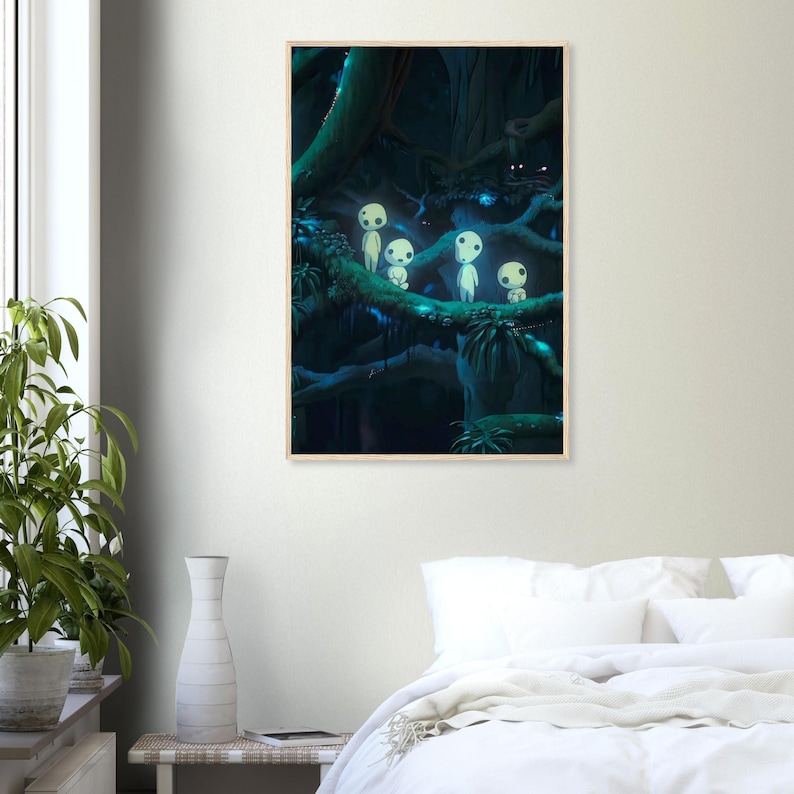 May include: A framed art print depicts a dark forest scene with glowing blue accents. Several small, white, humanoid figures with round heads are perched on a tree branch. The artwork has a fantasy theme and a serene, ethereal quality.