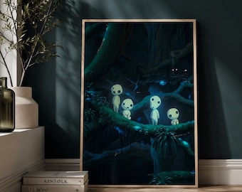 Princess Mononoke poster, Studio Ghibli Japanse muurkunst print, Kodama anime film muur decor, Hayao Miyazaki kamer poster