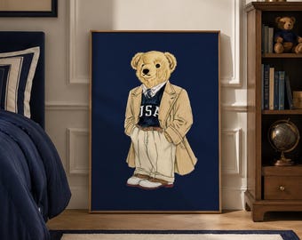 Quadro da parete con orsetto RL Polo, poster preppy, orsetto vintage di lusso per la casa, decorazione murale stile old money