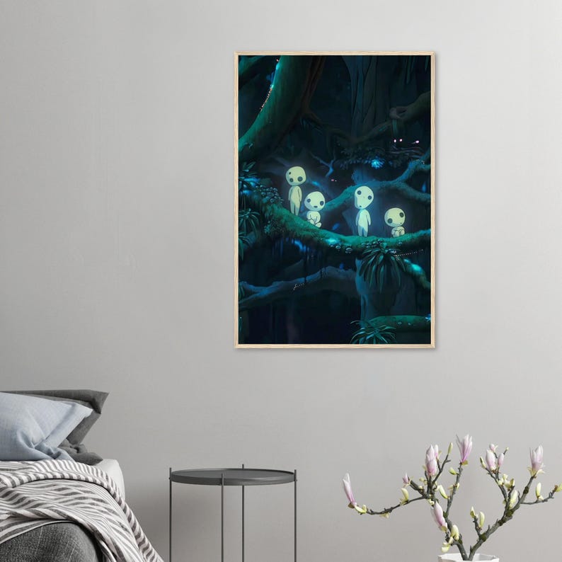 May include: A framed art print featuring a fantasy forest scene. The artwork depicts several glowing, humanoid figures perched on tree branches. The forest is dark with blue and green hues, creating a mystical atmosphere. The print is displayed on a light-colored wall.
