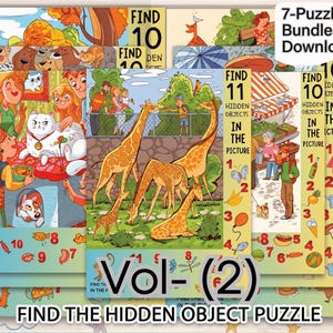 Può includere: Un pacchetto digitale di sette puzzle "Trova l'oggetto nascosto", Vol. (2), con illustrazioni colorate. Ogni puzzle presenta una scena diversa, tra cui giraffe, persone e animali. Il testo "Find 10 Hidden Objects" è visibile.
