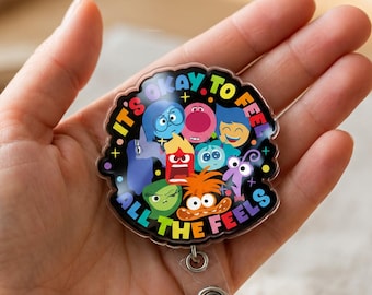Inside Out Emotions Acrylic Badge Reel, Retractable ID Holder for Counselors and Therapists