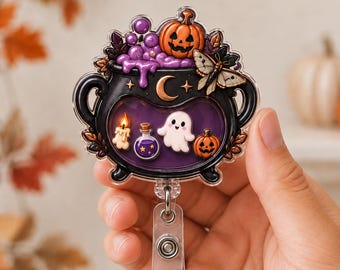 Halloween Cauldron Shaker Badge Reel, Cute Ghost Pumpkin Witch Potion Acrylic ID Holder, Spooky Nurse Badge Clip, RN CNA Halloween Gift Idea