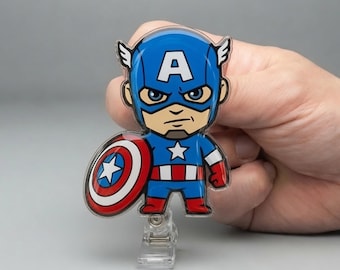 Captain America Marvel Acrylic Badge Reel, Retractable ID Holder for Nurses and Avengers Fans
