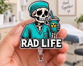 XRAY Retractable Badge Reel, Rad Life Skeleton Coffee Name Holder Clip, Heavy Duty Reel, Lanyard, Carabiner, MRI Safe, X Ray Tech Gift