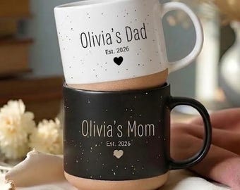 Personalized Mom Dad Pottery Mug, Custom Name Mommy Daddy Coffee Cup, Future Parents Gift, Mothers Day Birthday Present