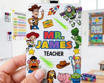 Personalized Toy Story Teacher Badge Holder, Custom Name Disney Pixar ID Card Case, Woody Buzz Classroom Lanyard, Back to School Gift