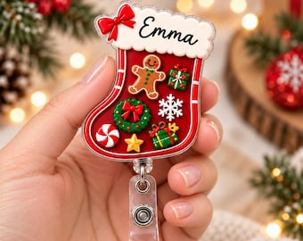 Personalized Christmas Stocking Shaker Badge Reel, Custom Name Acrylic Retractable ID Holder, Gingerbread Nurse Badge Clip Holiday Gift Idea