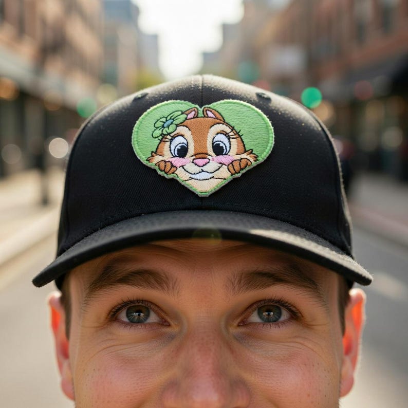 Może przedstawiać: Czarna czapka bejsbolowa z naszywką z postacią z kresk&oacute;wki wiewi&oacute;rki. Naszywka ma kształt serca z jasnozieloną obw&oacute;dką i uśmiechniętą wiewi&oacute;rką z kwiatkiem. Czapka jest noszona przez osobę.