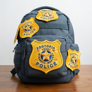 May include: A gray backpack with multiple yellow and blue Zootopia Police badges. The badges feature a star and the words "Zootopia Trust Integrity Bravery Police". The backpack has a front pocket and side pocket.
