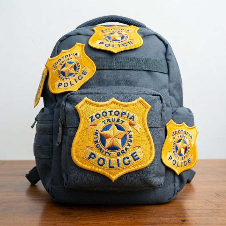 May include: A gray backpack with multiple yellow and blue Zootopia Police badges. The badges feature a star and the words "Zootopia Trust Integrity Bravery Police". The backpack has a front pocket and side pocket.