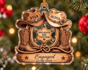 Custom Western Couple Acrylic Ornament, Personalized Cowboy Hat Horseshoe Ornament, Rustic Engagement Centerpiece, Bride And Groom Gift