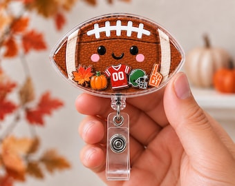 Football Shaker Badge Reel, Cute Fall Pumpkin Maple Leaf Acrylic Retractable ID Holder, Sports Nurse Badge Clip, Game Day Gift Ideas for RNs