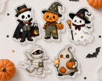 Vintage Halloween Magnet Set, Rustic Ghost Mummy Skeleton Pumpkin Fridge Magnets, Retro Spooky Fall Decor