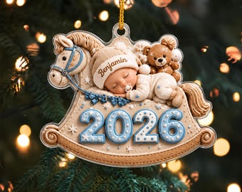 Personalized Baby's First Christmas Acrylic Ornament 2026, Custom Name Rocking Horse Keepsake