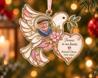 Custom Photo Memorial Ornament, Dove Remembrance Keepsake, In Loving Memory Gift, Flat Acrylic Bauble, Sympathy Loss of Loved One