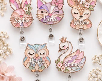 Personalized Faux Stained Glass Acrylic Badge Reel, Custom Name Animal ID Holder, Cute Bunny Deer Owl Swan Nurse Badge Clip Gifts for Nurses