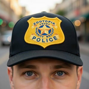 May include: Black baseball cap featuring a gold and blue police badge with the text "Zootopia Police". The badge includes the words "Integrity, Trust, Bravery". The cap is worn by a person with blue eyes.
