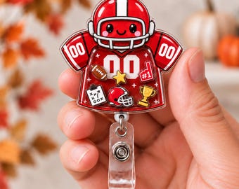 Football Player Shaker Badge Reel, Cute Red Jersey Acrylic Retractable ID Holder, Sports Nurse Badge Clips, Game Day Team Gift Ideas for RNs