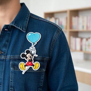 May include: A colorful Mickey Mouse patch with a heart-shaped blue balloon. Mickey is wearing a red shirt, yellow shoes, and white gloves. The patch is on a blue denim jacket.