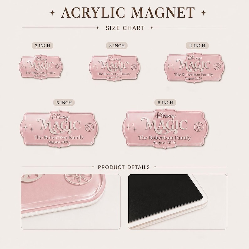 Peut inclure: Un ensemble de cinq aimants rectangulaires en acrylique rose, disponibles en tailles de 2 &agrave; 6 pouces. Chaque aimant porte le texte Disney MAGIC, The Robertson Family et August 2026. Les d&eacute;tails montrent une surface rose brillante et un dos noir.