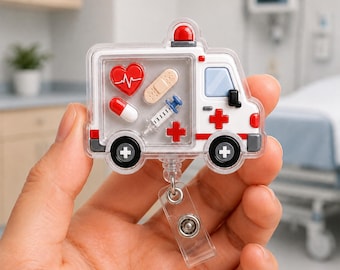 Ambulance Shaker Badge Reel, 2-Layer Acrylic ID Holder, EMS Gift