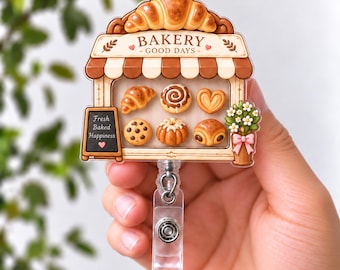 Bakery Shaker Badge Reel, Cute Croissant Pastry Acrylic Retractable ID Holder, Baker Gift, Nurse Badge Clip, Dessert Lover Accessory for RNs