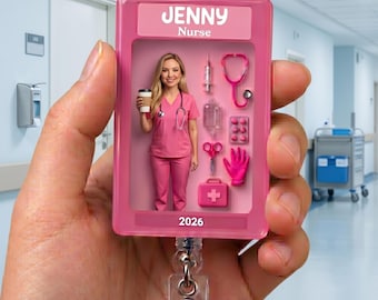 Personalized Nurse Toybox Badge Reel, Custom Name Acrylic ID Holder, Cute Pink RN Medical Badge Clip, Healthcare Worker Nursing Graduation