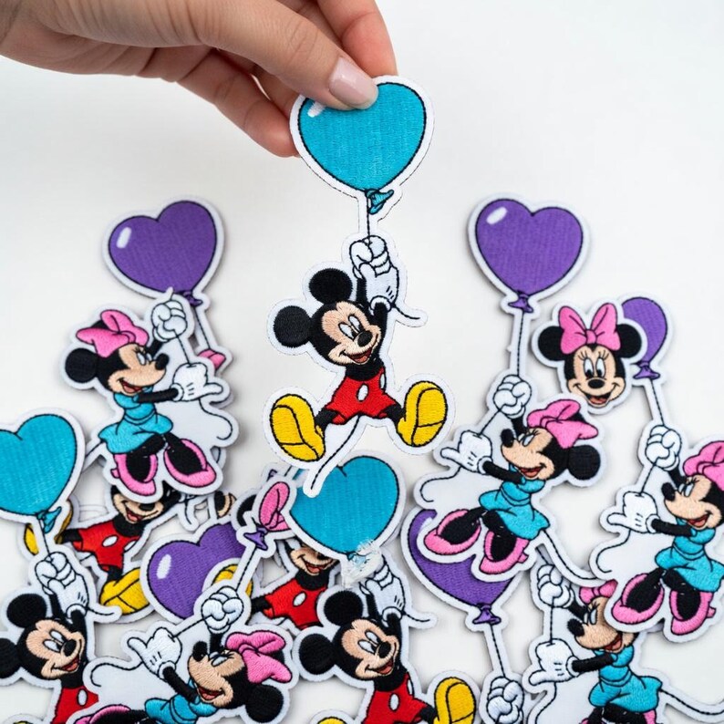 Mickey Minnie Balloon Embroidered Patch, Mickey Mouse Minnie Mouse Iron On Patch Cute Couple Heart Balloon Applique Gift image 3