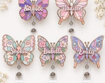 Personalized  Faux Stained Glass Butterfly and Flowers Acrylic Badge Reel, Custom Name Retractable ID Holder, Floral Nurse, Worker Gift Idea