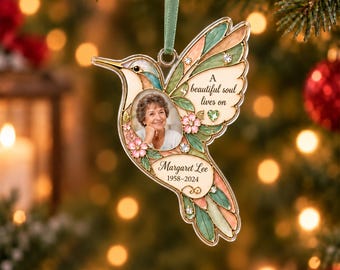 Personalized Hummingbird Memorial Photo Acrylic Ornament, Custom Name and Date Remembrance Keepsake, Flat Acrylic Sympathy Loss of Loved One