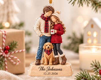 Personalized Couple and Dog Christmas Ornament 2026, Custom Family Name & Date Acrylic Keepsake, Newlywed Dog Lover Wedding Gift for Couples