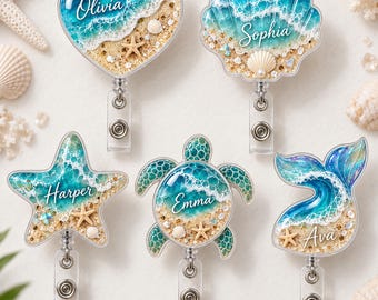 Personalized Ocean Beach Acrylic Badge Reel, Custom Name Turtle Starfish Shell Mermaid Tail Retractable Holder, Nurse Healthcare Gift Ideas
