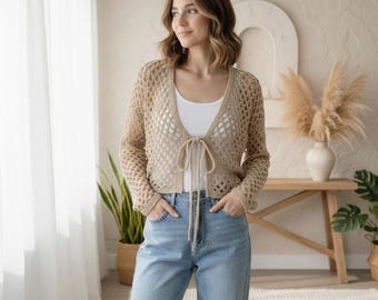 Boho Mesh Cardigan Pattern | Open Weave Tie-Front Top | Summer Lace Shrug DIY | Light Crochet Bolero | Beginner Digital PDF Pattern