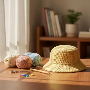 May include: A yellow crocheted bucket hat sits on a wooden table next to three balls of yarn in cream, peach, and light blue. A crochet hook, scissors, and stitch markers are also on the table. The scene is lit by sunlight.