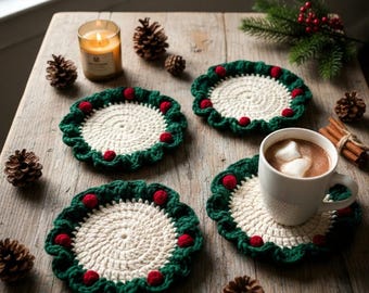 Crocheted Holly Berry Coasters | Festive Christmas Wreath Mug Rugs (PDF Pattern)