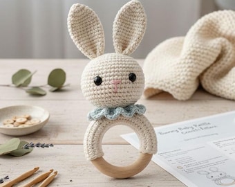 Bunny Baby Rattle Pattern | Wooden Ring Teether DIY | Boho Nursery Toy Crochet | Newborn Sensory Gift | Beginner Digital PDF Pattern