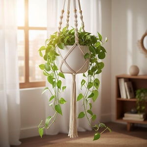 May include: A hanging macrame plant holder with a white ceramic pot filled with green leafy plants. The macrame is beige with wooden beads and a tassel. The plant holder is suspended in front of a window with natural light.