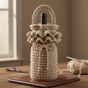 Peut inclure: Un porte-bouteille de vin beige crocheté avec une poignée, une garniture à volants et un nœud décoratif. Le porte-bouteille est conçu pour s'adapter à une bouteille de vin standard. L'article fait main est exposé sur une surface en bois.