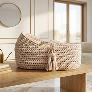 May include: A beige, hand-knitted baby bassinet with a handle and tassel detail, resting on a wooden table. The bassinet is the focal point, showcasing a cozy, textured design. The room features a neutral color palette and natural light.