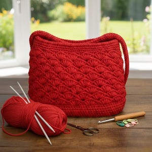 Puede incluir: Un bolso de mano rojo tejido a ganchillo con un patrón de concha, una madeja de hilo rojo, agujas de tejer, tijeras, un ganchillo y marcadores de punto. El bolso tiene una correa para el hombro y está sobre una superficie de madera.