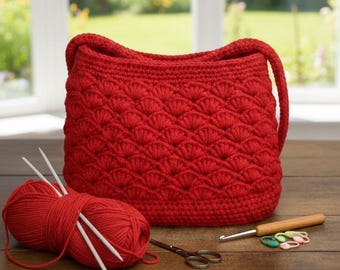Crochet Shell Stitch Bag Pattern | Boho Summer Tote | Textured Shoulder Bag | Romantic Red Handbag | Beginner Digital PDF Pattern
