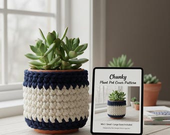 Chunky Plant Pot Cover Pattern | Boho Indoor Planter Cozy | Two-Tone Succulent Sleeve DIY | Modern Basket Weave Decor
