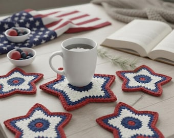 Patriotic Star Coaster Pattern | American Flag Table Decor | Red White Blue Mug Rug DIY | 4th of July Drink Coaster | Beginner Digital PDF