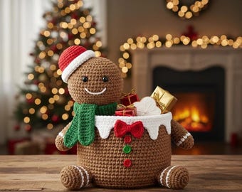 Crocheted Gingerbread Man Basket Pattern | Festive Holiday Storage Organizer (Digital PDF)